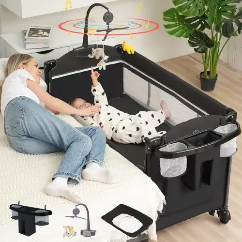 Bedside Bassinet, 5 in 1 Baby Bassinet Bedside Sleeper, Pack and Play with Diaper Changer/Mattress/Music, Bedside Crib with Storage, Baby Crib from Newborn to Toddler(Black)