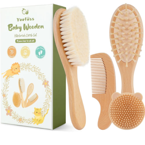 Yoofoss 4 Piece Baby Brush and Comb Set, Wooden Baby Brush with Natural Ultra Soft Goat Hair, Baby Hair Brush for Newborn, Baby Brush Set for Boy Girl