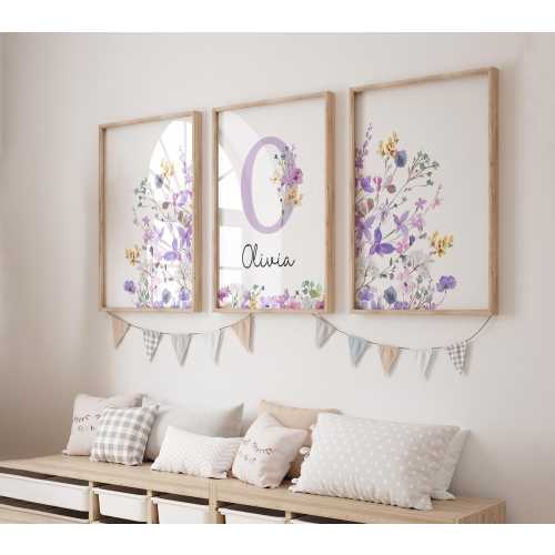 Lilac Wildflower Nursery Prints, Personalised Name Floral Wall Art, Purple Girls Bedroom Decor, Boho Floral Prints, Set of 3