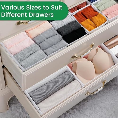 16 Pack Underwear Drawer Organizer, Drawer Organizer Clothes, Foldable Cloth Storage Box Closet Dresser Drawer Divider Organizer for Clothes, Scarves (White)