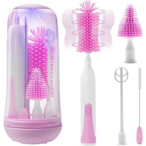 Electric Bottle Brush Cleaner, Rechargable Electric Baby Bottle Brush for Travel, Waterproof Electric Bottle Cleaner Set with Nipple & Straw Brush, Perfect Essentials Gift for Mom After Birth, Purple