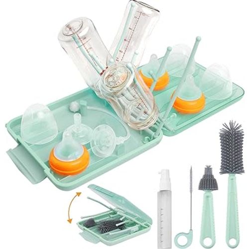 Travel Baby Bottle Drying Rack Set with Extendbale Protable Silicone Bottle Brush, Nipple Cleaner Brush,Straw Brush Compact Size Baby Essential for Newborn & Moms (Green)