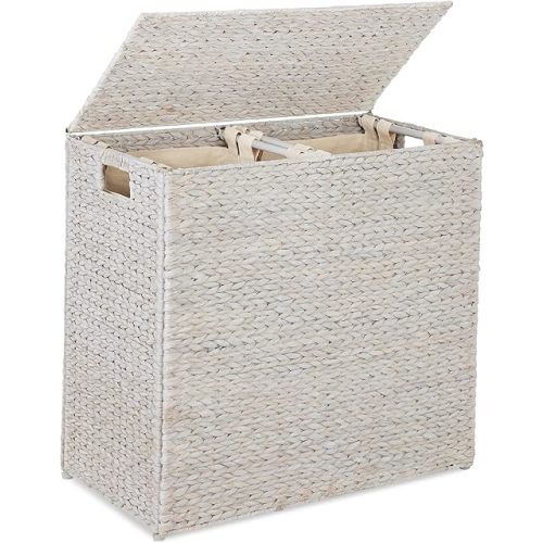 Best Choice Products Large Double Laundry Hamper with Lid, Natural Handwoven Water Hyacinth, 2 Sections w/ 2 Machine Washable Linen Liner Bags, Portable, Handles - White