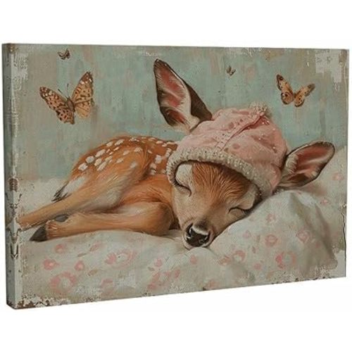 KoiDecor Pink Sleeping Deer Baby Girl Nursery Design 3 Wall Art Horizontal Canvas Print Home Decor Pictures Poster for Bedroom Living Room Bathroom Office Gifts Ready to Hang