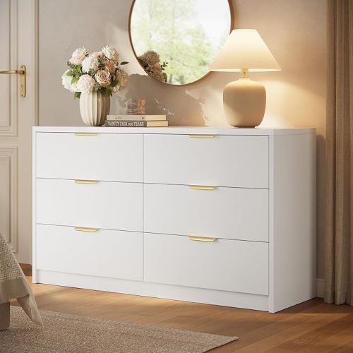 53" Wide 6 Drawer Dresser for Bedroom, Modern Simple Wood Dresser Chest of Drawers Closet Store Organizer for Living Room, Hallway, White