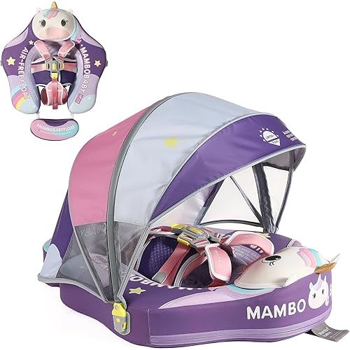 Mambobaby Float Non-Inflatable Baby Float with Canopy, Five-Point Safety System, 3D Canopy(Detachable) UPF 50+, Baby Pool Floats for 3-24 Months, Dual-Mode Toddler Swim Floaties