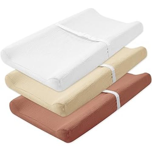 3 Pack Muslin Changing Pad Cover, Solid Changing Table Pad Cover, Soft Breathable Double Layer Boho Changing Pad Sheets Fit for Standard Changing Pad 16" x 32" (White & Sand & Brick)