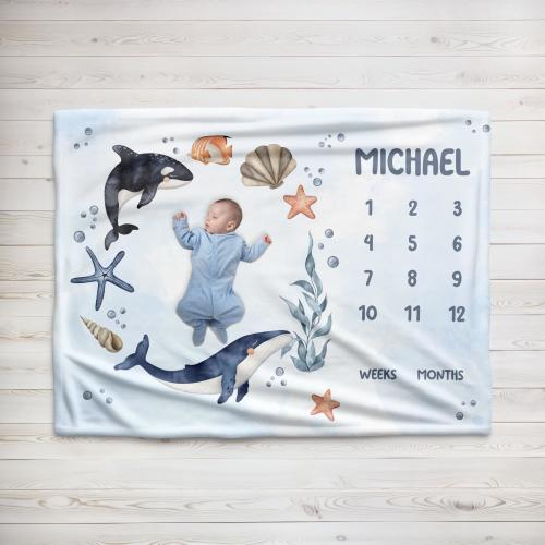 Personalized Baby Milestone Blanket Ocean with Name - Newborn Growth Tracker, Baby Shower Gift, Nursery Decor, Water Sea Dolphin Photoshoot