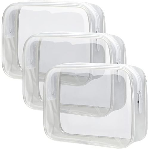 PACKISM Clear Toiletry Bag - 3 Pack TSA Approved Toiletry Bag Quart Size Bag, Travel Makeup Cosmetic Bag for Women, Carry on Airport Airline Compliant Bag, White