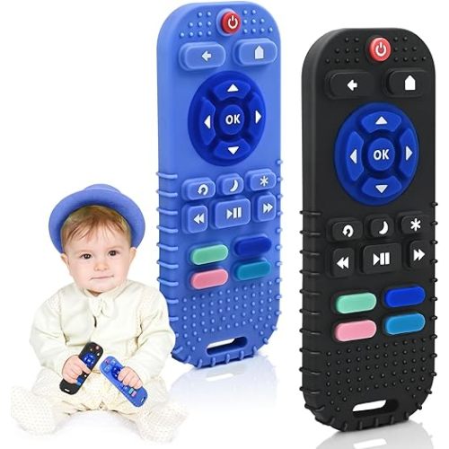 AiTuiTui Teething Relief Teethers Toys for Babies 3 6 9 12 Months Gifts, Silicone Sensory Remote Control Baby Teether Toy for Babies Newborn Infant Boy Girl Autism Toys, Blue & Black