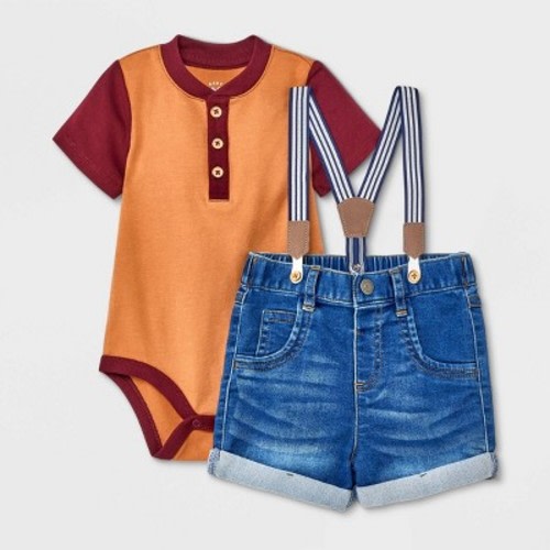 Baby Boys' Denim Shorts Henley Suspender Set - Cat & Jack™ Burgundy, Size: 3-6M