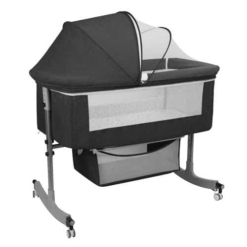 sxvbdway Bedside Bassinet Baby Crib, 3-in-1 Bedside Crib with Storage Basket, 6 Levels Height Adjustable Baby Bassinet with Mosquito Net and Wheels, Portable Newborn Infant Cradle Black