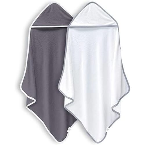 2 Pack Baby Bath Towel - Rayon Made from Bamboo, Ultra Soft Hooded Towels for Babies,Toddler,Infant - Newborn Essential -Perfect Baby Registry Gifts (White and Dark Grey, 30x30 Inch)