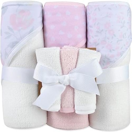 Hooded Baby Bath Towel and Washcloth 6 Piece Set for Newborns Infants & Toddlers, Boys & Girls Baby Hooded Towels (Pretty in Pink)