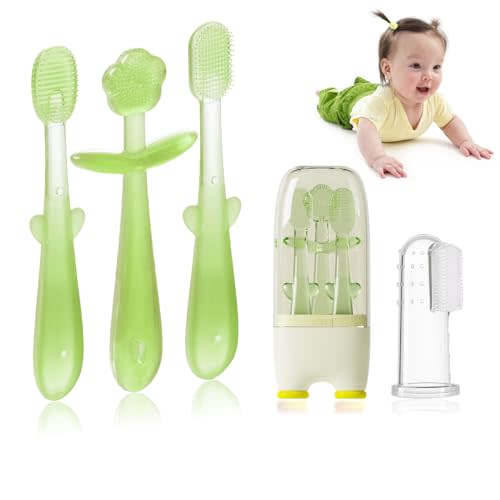 FOKiiBO Baby Silicone Toothbrush Set, Toothbrush + Tongue Brush + Finger Toothbrush with Cup for Training Teething, 0-18M Infant Toddler Newborn Baby Teeth Brushes (Yellow)