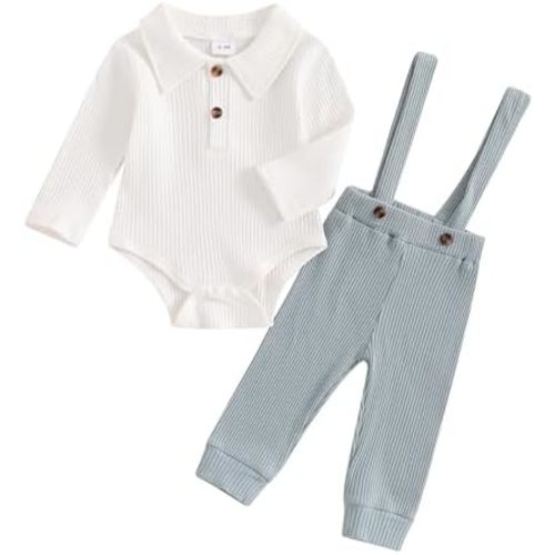 Kaipiclos Newborn Baby Boy Clothes Rib Knit Long Sleeve Romper Cute Suspender Pants Solid Infant Fall Winter Gentleman Outfit