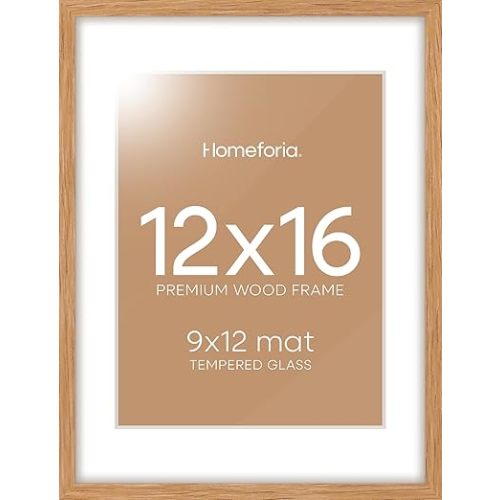 Homeforia 12x16 Wood Frame, High End Natural Oak 12x16 Light Wooden Picture Frame with Mat 9x12, 12 x 16 Poster Frames Matted to 9 by 12 Photo, 16x12 Hanging Frames, Tempered Glass, Wall Kit, Set of 1