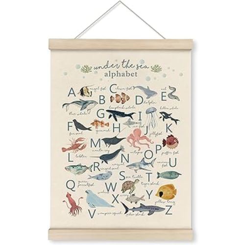 HRQKO Ocean Alphabet Poster Hanger Frame, Ocean Nursery Decor, Sea Animal Wall Decor, ABC Poster Wall Art with Wooden Frames, Alphabet Banner Wall Hanging Decor for Classroom Kids Playroom,12x16 Inch