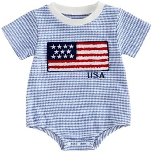 Baby Boy 4th of July Outfit Bubble Romper Striped American Flag Short Sleeve Bodysuit Newborn Waffle Knit Outfit