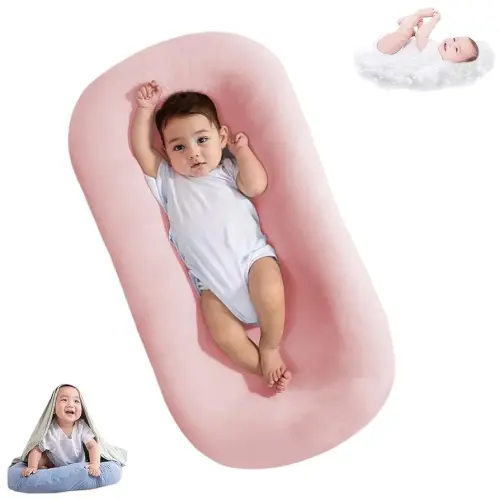 Lucakuins Baby Lounger, Bionic Design, Newborn to 24 Months, Soft Organic Cotton, Breathable, Pink, Portable, 19x4x4 inches