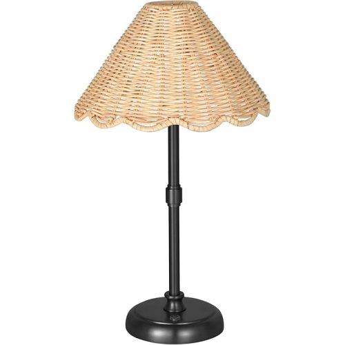 Cordless Boho Rattan Table Lamp Black, 5200-mAh Rechargeable Battery, 3-Level Brightness Dimmable, Build-in Integrated LED 320 Lumen Max, Rattan Shade, for Bedside Restaurant Dining Table