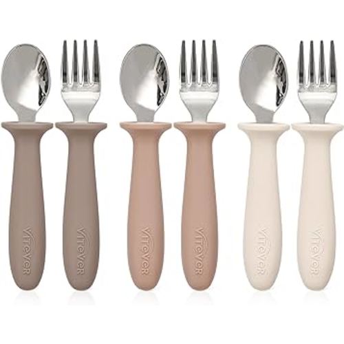 6 Pieces Toddler Utensils, Children Silverware Set with Silicone Handle, Kids Safe Spoons and Forks, Dishwasher Safe, 18/8 Stainless Steel, Food-grade Silicone,BPA Free - Tan