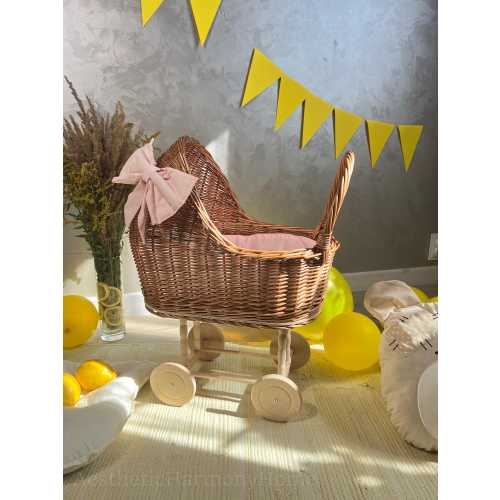 Handmade Baby Shower Gift, Wicker Doll Pram with Bow, Delivery 4-7 Days, Natural Nursery Decor, Vintage Doll Stroller, Rattan Baby Carriage