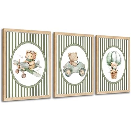 Pormipone 3 Pcs Sage Green Nursery Wall Art Cute Bear Painting Poster Sage Green Animal Nursery Picture for Baby Wall Decor Living Room Bedroom Home Decoration 12 * 16 in (Poster No Frame)