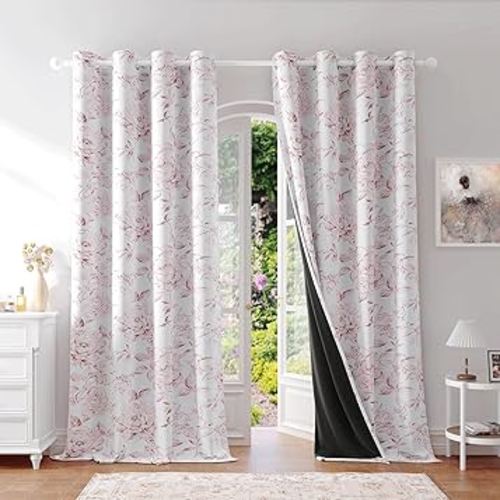 Beauoop Floral 100% Blackout Curtains 84 Inches Long 2 Panels for Bedroom Living Room Pink White Farmhouse Dusty Rose Flower Patterned Room Darkening Thermal Grommet Window Treatments Drapes, 50X84