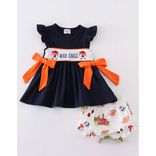 9 Months - Navy orange Auburn War Eagle embroidery girl bloomer diaper cover set