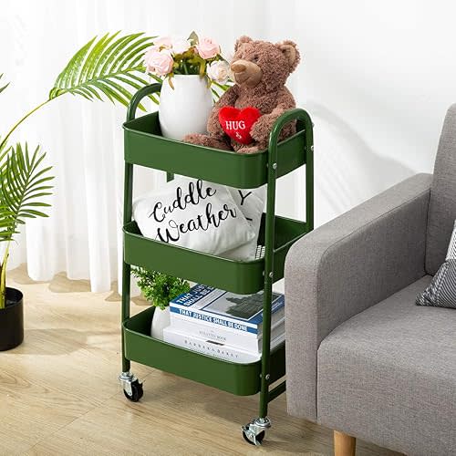 AGTEK Makeup Cart, Movable Rolling Organizer Cart, Bluish Green 3 Tier Metal Utility Cart