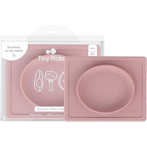 ezpz Tiny Plate - 6 Months+ (Blush) - Silicone Suction Plate for Baby with Built-in Placemat - Baby Led Weaning Supplies - Infant Plate That Fits on Most Highchair Trays
