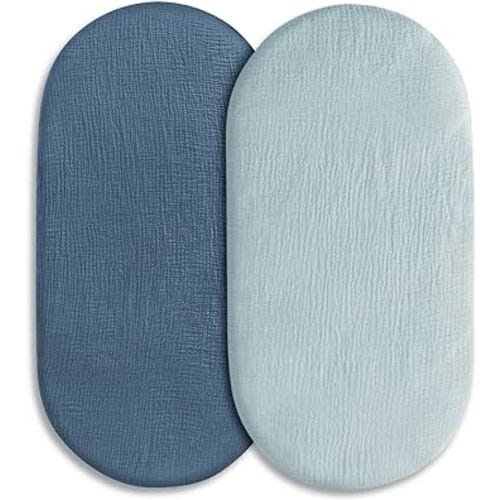 Muslin Bassinet Sheets 2 Pack for Baby Boy and Girl, Breathable Elastic Cozy Fitted Cotton Bassinet Mattress Sheet, Universal Fit for Hourglass Oval and Rectangle Bassinet Mattress (Bright Colors)