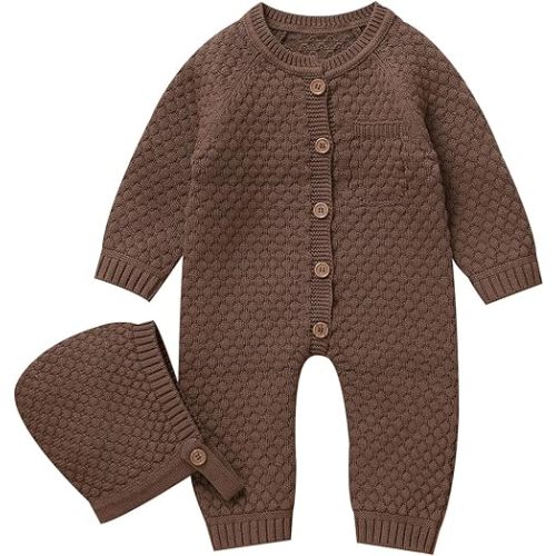 mimixiong Cotton Baby Romper Newborn Baby Knitted Clothes Longsleeve Sweater Outfit for Boy and Girls with Warm Hat Set