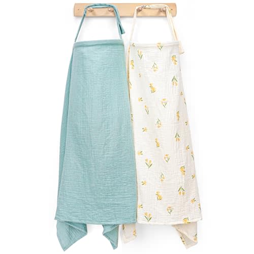 Haleeone Muslin Nursing Cover for Breastfeeding, Privacy Breathable Breastfeeding Cover with Arch Neckline for Mom, 100% Cotton Nursing Apron, Floral and Light Green