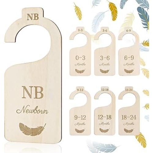 Baby Closet Dividers for Clothes Organizer, Set of 7 Wooden Hanger Organizer from Newborn to 24 Month, Double-Sided Baby Clothes Size Dividers for Nursery Decor and Organization