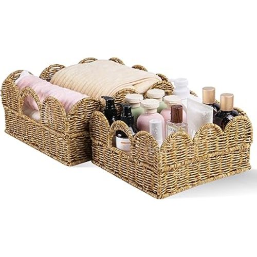 Scalloped Resin Wicker Basket: Set of 2 Water- Resistant Bath Organizers for Towel - Boho & Farmhouse Aesthetics