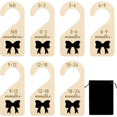 R HORSE Wooden Baby Closet Dividers - 8Pcs Double-Sided 3D Black Bow Baby Closet Organizer Newborn Clothes Size Hanger Dividers Nursery Decor Baby Shower Birthday Gift for Boy Girl (0-24 Months)