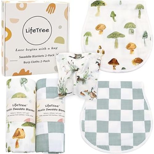 LifeTree Baby Swaddle Blankets and Burp Cloths 2 Pack, Muslin Swaddling Wrap Receiving Blanket for Newborn, 70% Viscose from Bamboo and 30% Cotton, Large 47" x 47", Mushroom & Green Checkered