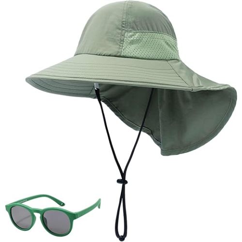 Baby Sun Hat Toddler Kids Boys Girls Wide Brim Beach Hats with Sunglasses UPF 50+ Plain Caps with Neck Flap