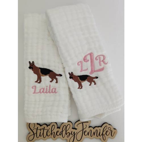 German Shepherd Personalized Baby Burp Cloths, Monogram, Embroidered, Baby Girl, Baby Boy Single or Set of 2. Colors can be changed.