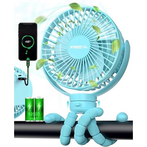 Portable Stroller Fan, Use As Power Bank, 65H 12000mAh Battery Operated Fan Flexible Tripod Baby Car Seat Fan with Timming, Personal Mini Handheld/Desk/Small Clip On Fans For Stroller (Baby blue)