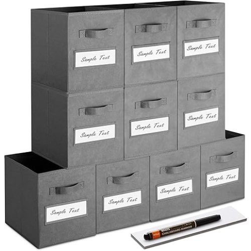 artsdi Set of 10 Storage Cubes,Foldable Fabric Cube Storage Bins with 10 Labels Window Cards & a Pen,Baskets Containers for Shelves,Closet Organizers Box for Home & Office,Gray