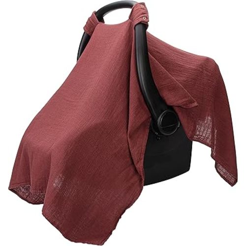 Comfy Cubs Baby Car Seat Cover - Soft, Breathable Bamboo Rayon and Muslin Cotton Blend - Lightweight Canopy for Sun, Bug, and Comfort Protection - Large Size Infant Seat Cover in Wine Design