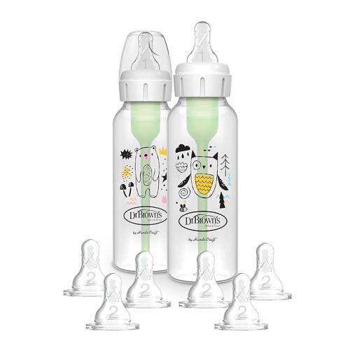Dr. Brown's Natural Flow Anti-Colic Options+ Narrow Baby Bottle, Bear & Owl, 8 oz/250 mL, with Level 1 Slow Flow Nipple, BPA free, 0m+, 2-Pack and Level 2 Flow 6-Pack Nipples