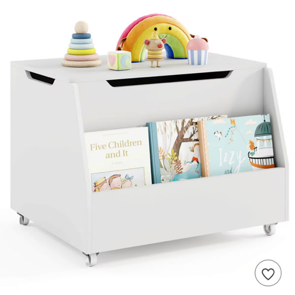 Costway Kids Toy Box Wooden Mobile Toy Storage Organizer with Bookshelf & Lockable Wheels Gray
