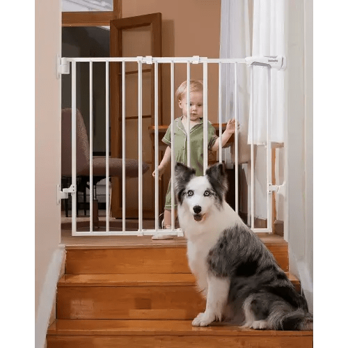 Babelio 26-43" No Bottom Bar Baby Gate for Babies, Elders and Pets, 2-in-1 Hardware Mount Dog Gate for The House, Stairs and Doorways, Safety Pet Gates with Large Walk Thru Door, White