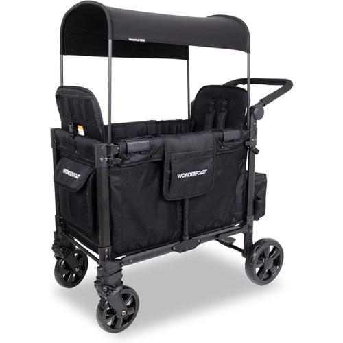 WONDERFOLD W2 Elite Pro Stroller Wagon (2 Seater) - Collapsible Wagon Stroller with Seats with 5-Point Harnesses, Adjustable Push Handle, and Adjustable Sun Canopy, Jet Black
