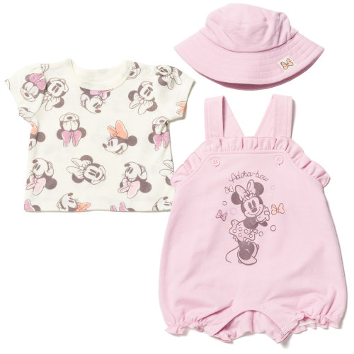 Disney Minnie Mouse Infant Baby Girls French Terry Short Overalls T-Shirt and Hat 3 Piece Outfit Set Newborn to Infant
