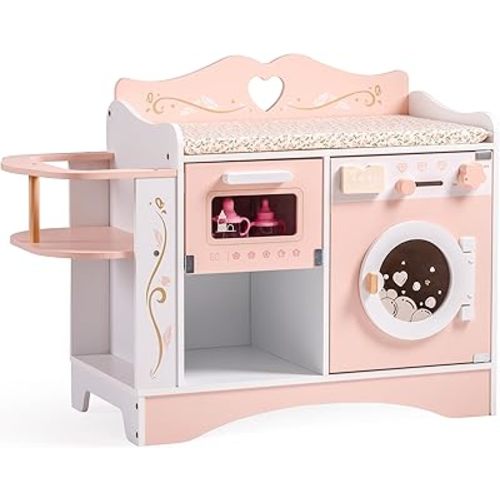 ROBOTIME Wooden 6-in-1 Baby Doll Changing Table with Baby Doll Crib, Washing Machine, Bottle Sterilizer, Storage Area, and Doll Seat, Ideal Role-Playing Toy for Kids 3+, Fits Dolls Up to 20 in, Pink